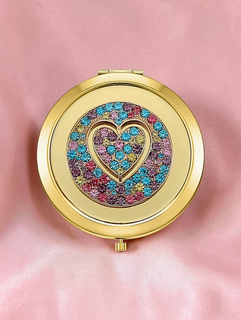 NEW Monet Jewelry Gold Tone Crystal Heart Snap Compact Mirror with Box 2.75" NWT